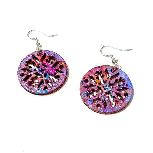 Artisan Jewelry - New Artisan & Hand Painted Blue Sparkly Round Snowflake Sterling Silver Earrings